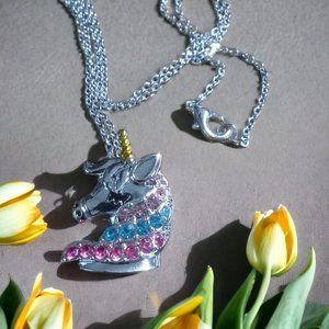 Girl's Silver Unicorn Necklace with Pink/Blue  Diamonds